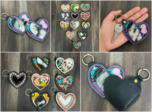Handcrafted Hair on Cowhide Tooled <b>Leather</b> Heart Shape <b>Key</b> <b>Chain</b> Customized Coin Holder Pink Roses Design <b>Key</b> Ring Gift for Girl - Product Image 3