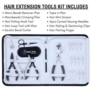 Kit d'outils pour extensions capillaires : crochet de tirage, boucle de fil, pince à micro-perles, pince à sertir, coupe-keratine, ciseaux pour extensions à bandes, pince à doigt - Product Image 2