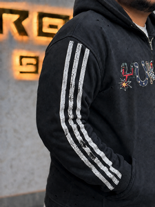 Sweat à capuche zippé pour homme, coupe oversize, 100% coton épais, avec manches imprimées personnalisées, strass et effet vieilli, style streetwear - Product Image 5
