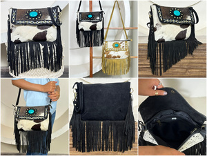 High Quality <b>Boho</b> Women's Western Style Fur Suede Leather Fringe Shoulder <b>Bag</b> With Turquoise Stone New Logo Print Hide Design - Product Image 3