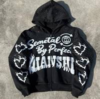 Sweat à capuche zippé OEM en coton 100% lourd, teint en pièce, entièrement orné de strass et de cristaux, coupe oversize, effet scintillant