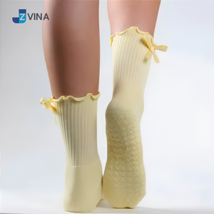 <b>Customized</b> Cute Pastel Colors Bow <b>Grip</b> Crew Cuff <b>Socks</b> Women Pilates Yoga Barre Custom Wholesale JZVINA Vietnam Factory - Product Image 2