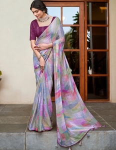 Sari KV en rayonne, chiffon et georgette, imprimé à rayures, style traditionnel, pour les fêtes - Product Image 3