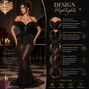 Vestido de noche negro con cuentas estilo sirena para mujer |   Vestido de fiesta largo hecho a mano con malla en el hombro |   Vestido de Diseñador con Cuello Halter para Ocasiones Formales - Product Image 6