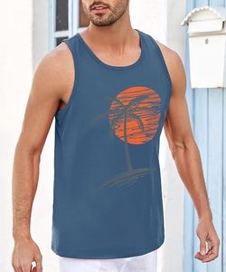 Camiseta sin mangas azul para hombre, cuello redondo, tejida, transpirable, informal, con estampado de palmeras y puesta de sol - Product Image 2