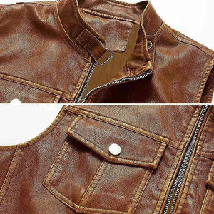 Chaleco de Cuero Genuino para Hombre, Cuello en V, Cierre Frontal, Acolchado de Poliéster Resistente al Viento, Estilo Motero, Color Sólido, Ropa de Abrigo para Otoño e Invierno - Product Image 6
