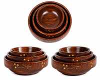 Set Mangkuk Sajian Buatan Tangan Desain Bunga Polesan Mangkuk Kayu Alami Dekoratif Meja Makan Ramah Lingkungan