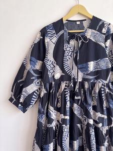 Vestido Midi Informal para Mujer, 100% Algodón, Estampado Geométrico, Manga Abullonada, Cuello Redondo, Corte Holgado, Cintura Elástica, para Todas las Temporadas - Product Image 3