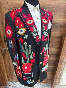 Blazer noir brodé de fleurs pour homme avec motif œil artistique – Veste de costume de créateur pour fêtes et mariages - Product Image 2