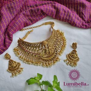 Antique Gold Pearl Bridal Jewelry Set-Rhodium Plated Fine Jewelry Choker - Product Image 1