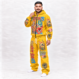 <b>Yellow</b> Colorful Graphic Tracksuit Unisex Full Zip <b>Hoodie</b> Wide Leg Pants Set Custom Label Relaxed Fit Casual Streetwear Wholesale - Product Image 3
