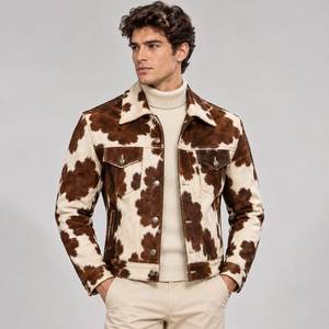 Veste en cuir de vache véritable pour homme, imprimé animal, col rabattu, fermeture éclair, style motard, vêtements d'hiver - Product Image 3