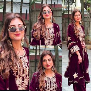 Velvet Sequence Embroidery Front and Back <b>Top</b> with Velvet Plazzo and Organza Lace Dupatta Set Full Stitched Sizes M L XL and XXL - Product Image 2