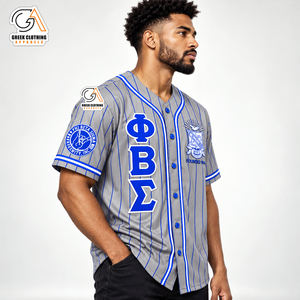 เสื้อเบสบอลผู้ชาย Phi Beta Sigma สีเทา-น้ำเงินลายทาง แขนสั้น ติดกระดุมด้านหน้า ทรงปกติ แห้งเร็ว ระบายอากาศได้ดี ผลิตจากโพลีเอสเตอร์ 100% - Product Image 3