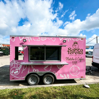 Remorque de concession de boulangerie rose prête à l'emploi, marque personnalisée, pour bar à matcha mobile, café, boutique de repas matinaux et de déjeuner, vente de rue