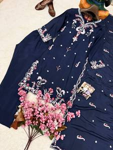 Conjunto Indio-Pakistaní Azul Bordado, Kurta Larga, Palazzo, Salwar Kameez, Traje Festivo, Seda Chinon, Todas las Temporadas, Secado Rápido - Product Image 5