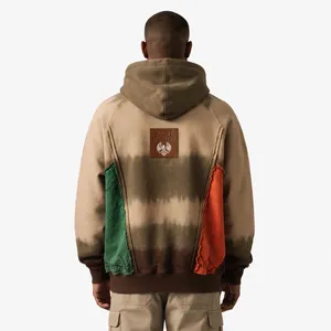 Sweat à capuche vintage tie-dye patchwork dégradé marron avec patch aigle en molleton de coton coupe oversize - Product Image 3