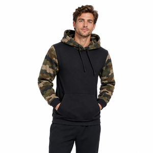 Winter Printed Sleeve Hooded Sweatshirt for <b>Men</b> Contrast Body Front Pouch Pocket Adjustable Hood Ties 100% Cotton <b>Fleece</b> Ribbed - Product Image 2