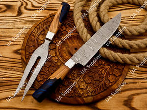 Ensemble de 2 couteaux de chef et fourchettes à découper en acier Damas, très demandés, pour barbecue professionnel, couteau à brisket et fourchette ultra-affûtés 58 HRC OEM/OBM - Product Image 5