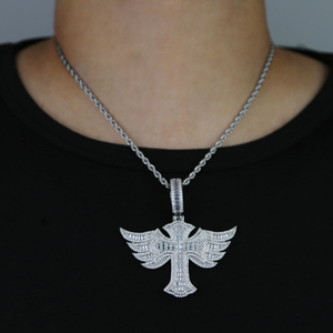 Winged Cross Pendant Necklace Moissanite Diamond 925 Silver <b>Iced</b> <b>Out</b> Angel Wings Religious <b>Chain</b> - Product Image 5