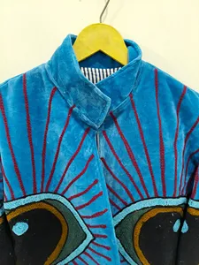 Premium Sky-Blue <b>Velvet</b> Embroidered Suzani Jacket with Evil Eye Pattern Full Sleeve Stand Collar <b>Women's</b> Autumn <b>Coat</b> - Product Image 3