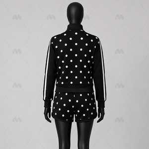 Women 2 Piece Hooded 100% Cotton Anti-Pilling Autumn Tracksuit Set Custom Logo Dot Design <b>Zip</b> Jacket <b>Shorts</b> Sportswear OEM ODM - Product Image 3