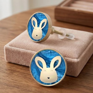 Bouton de tiroir rond en résine et laiton avec motif lapin bleu, écologique et facile à installer, pour bébés, enfants, poignées de meubles modernes - Product Image 1
