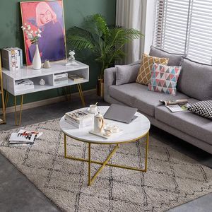 Tavolino da Caffè Moderno Rotondo Mecor con Piano in Finto Marmo e Gambe in Metallo Dorato per Salotto - Product Image 1