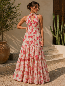 Elegante Vestido Maxi Floral Rosa Ecológico para Mujer, Cuello Halter, Silueta Escalonada y Evase, Vestido de Verano Romántico para Fiesta en el Jardín o Resort - Product Image 5