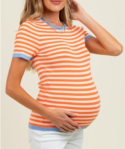 Camiseta de Maternidad de Manga Corta con Cuello Redondo y Diseño de Rayas, Elegante, Ajustada, Transpirable, para Mujeres Embarazadas y Lactancia - Product Image 2