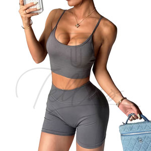 Latest Design Women Yoga Set-<b>Low</b> MOQ Wholesale Custom Logo Fitness Wear Seamless Elastic Waist Front Shorts 2-Piece Yoga Sets - Product Image 5