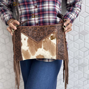 Bolso de Mano de Cuero con Flecos y Grabado a Mano, Diseño 2026, Elegante, de Cuero Vacuno, Color Marrón, Multiusos para Mujer - Product Image 1