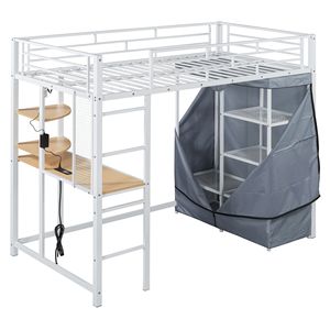 Letto a Soppalco in Metallo Bianco per Letto Singolo con Scrivania, Mensole, Presa di Corrente, Luce LED e Armadio - Product Image 4