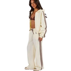 Womens Cropped Full <b>Zip</b> Hooded Tracksuit Set Contrast <b>Side</b> Stripe Wide Leg <b>Trousers</b> Loose Fit Two Piece Streetwear Lounge Outfit - Product Image 3