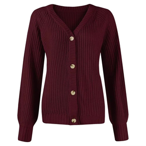 Women's Burgundy Knitted Cardigan V-Neck Full Sleeve Button Front Casual Autumn Wear 100% Acrylic Solid Color - Product Image 1