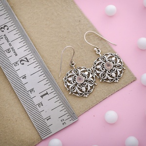 925 Sterling <b>Silver</b> Rose Quartz Floral Filigree <b>Dangle</b> <b>Earrings</b> Handmade Vintage Boho Gemstone Hook <b>Earrings</b> for Women - Product Image 1