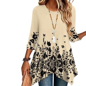 Chemisier ample en rayonne beige à motif floral damassé, imprimé vintage, col rond, ourlet à volants, style bohème pour femme - Product Image 1