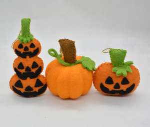 Handmade Wool <b>Felt</b> Halloween Pumpkin Ornament Set of 3 – Eco-Friendly Jack O' Lantern Hanging Decorations - Product Image 1