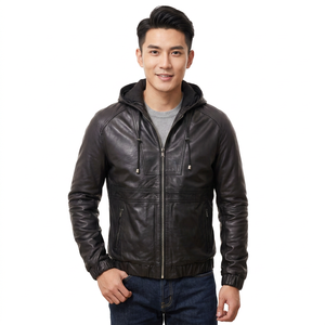 Veste en cuir de mouton à capuche pour homme, style zippé, coupe slim, couleur unie, coupe-vent, avec logo frontal, idéale pour le printemps - Product Image 5