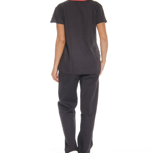 <b>Women</b> <b>Black</b> Scrub Set V-Neck Top With Pink Trim Hospital Uniform Cotton Polyester Woven Fabric <b>Pants</b> - Product Image 2