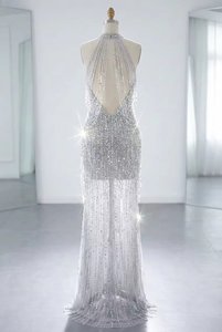 Elegante Vestido de Noche Formal con Mangas Tipo Capa, Cuello Alto, Adornado con Cuentas y Lentejuelas, para Eventos de Alfombra Roja, Ropa de Alta Calidad para Banquetes - Product Image 2