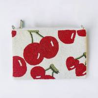 Sac à main rectangulaire en tissu fait main à motif banane et carreaux, orné de perles, avec porte-clés à pompon, fermeture éclair, écologique