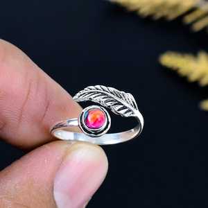 Pink Oyster Turquoise Leaf <b>Ring</b> 925 Sterling Silver <b>Adjustable</b> Boho Statement Jewelry Gift for Her - Product Image 4