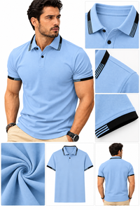 Polo de Hombre Azul Claro con Cuello a Rayas – Camiseta Polo Casual de Algodón de Manga Corta con Cuello Vuelto, Top de Verano, Sudaderas y Ropa Deportiva - Product Image 6