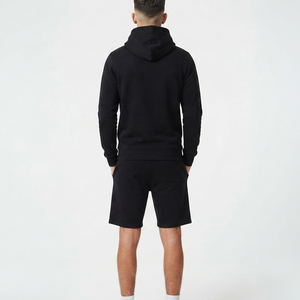 <b>Men's</b> Black Cotton <b>Hoodie</b> <b>And</b> <b>Shorts</b> <b>Set</b> Casual Summer Wear Full Sleeve Drawstring Solid Color Tracksuit Regular Fit Suit - Product Image 5