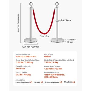 Set di 6 Pali in Acciaio Inox con Corde in Velluto, 3 Pali Rossi in Velluto, Barriere per Controllo Folla, Supporti per Striscioni, Pali in Velluto - Product Image 6