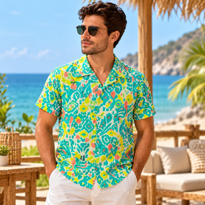 Camisas de Playa Modernas para Hombre, 100% Viscosa, Cuello Camp Collar, Manga Corta, Estampado Tropical Hawaiano, Ropa Casual de Verano para Vacaciones, Venta al Por Mayor - Product Image 4