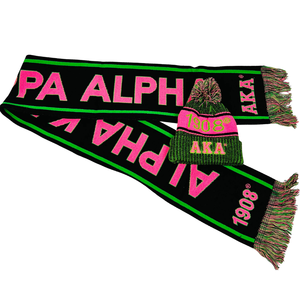 AKA Black Scarf and One Hat Set Green Pink Embroidered Knit Winter Accessories Warm Beanie and Matching Scarf Casual Fashion - Product Image 2
