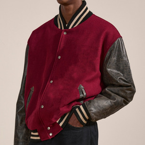 Men's Maroon Varsity <b>Jacket</b> With PU Sleeves Turn-down Collar Casual Autumn Wear Front Logo <b>Heat</b>-Transfer Printing - Product Image 4