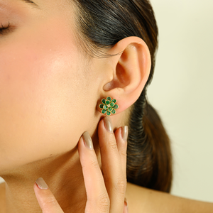 Boucles d'oreilles en forme de fleur éclose en émeraude et diamant 100% naturels, pierres précieuses, pour femme, en or jaune véritable 18 carats - Product Image 4